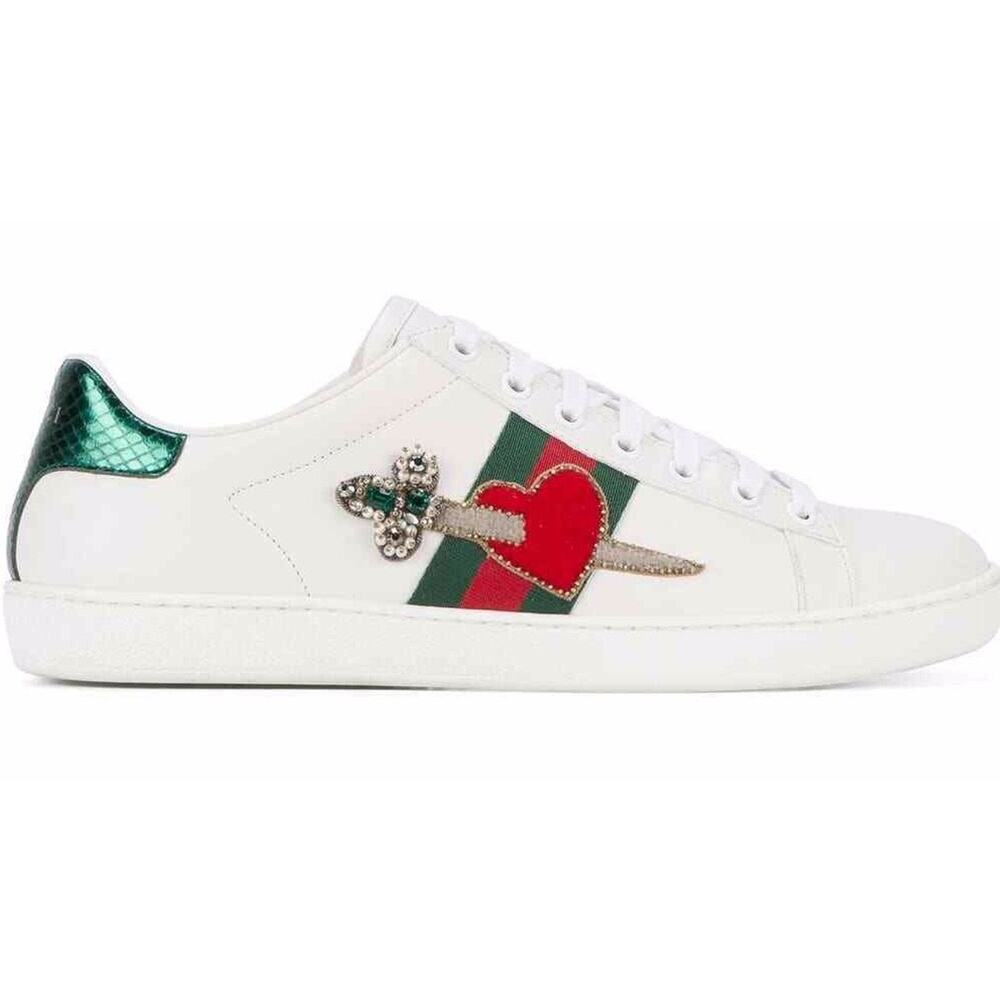 Gucci New Ace White Leather Red Heart Dagger Sword GG Flat Trainer Sneaker 41.5 - Picture 1 of 12